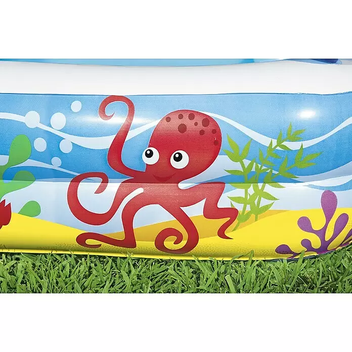 Bestway Planschbecken Beach Buddy - 140 x 140 x 114 cm, Mehrfarbig - Aufblasbarer Pool mit freundlichem rotem Oktopus und Unterwasserlebewesen auf blau-gelbem Grund.