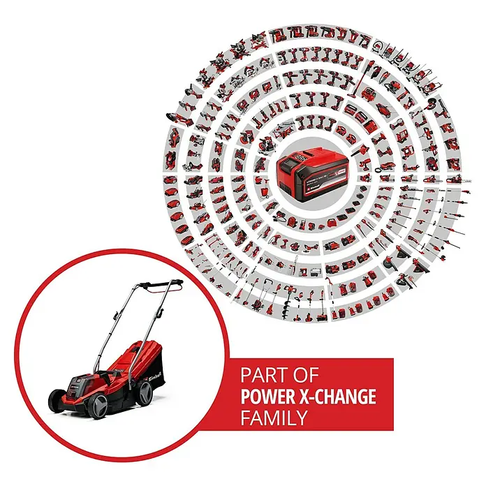 Einhell Power X-Change 18V Akku-Rasenmäher GE-CM 18/33 Li - 18 V, 1 Akku, 4 Ah, Schnittbreite: 33 cm - Aufsitzrasenmäher in roter und schwarzer Farbe, Teil der Power X-Change Familie, umgeben von verschiedenen Werkzeugen.