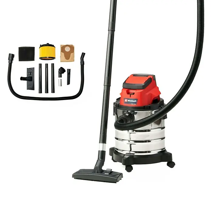 Einhell Power X-Change 18V Akku-Nass-Trockensauger TC-VC 18/20 Li-Solo - 18 V, Ohne Akku, Behältervolumen: 20 l - Produktabbildung eines Einhell Nass-Trockensaugers mit Zubehör für vielseitige Reinigungsaufgaben im Haus und in der Werkstatt.