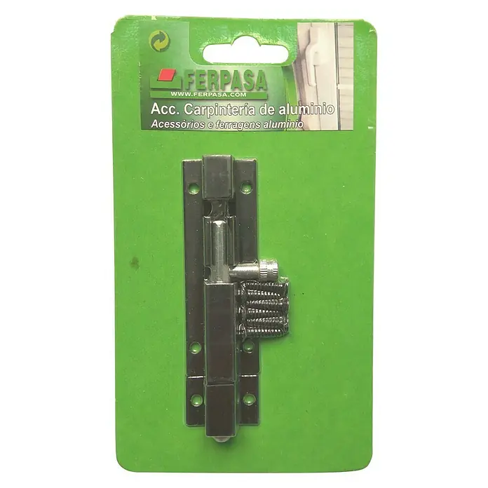 Cerradura adicional para ventanas - Largo: 100 mm, Aluminio, Negro - Un nuevo cerrojo de aluminio para puerta corredera Ferpasa en un embalaje verde. El cerrojo es un elemento importante para la seguridad.