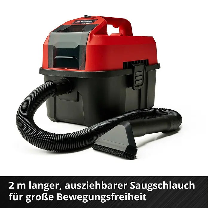 Einhell Power X-Change 18V Akku-Nass-Trockensauger TE-VC 18/10 Li-Solo - 18 V, Ohne Akku, Behältervolumen: 10 l - Abgebildeter Einhell Nass-Trockensauger mit robustem Schlauch für flexible Reinigungsarbeiten.