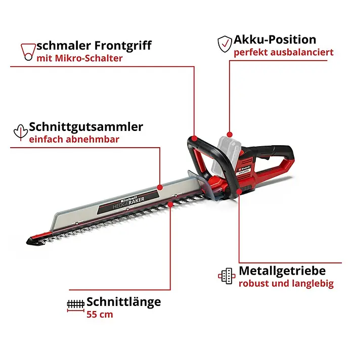 Einhell Power X-Change 18V Akku-Heckenschere Arcurra 18/55 - 18 V, Li-Ionen, Ohne Akku, Schnittlänge: 55 cm - Einhell Heckenschere mit schmalem Frontgriff, Akku-Position perfekt ausbalanciert, Schnittgutsammler, Metallgetriebe und 55cm Schnittlänge.