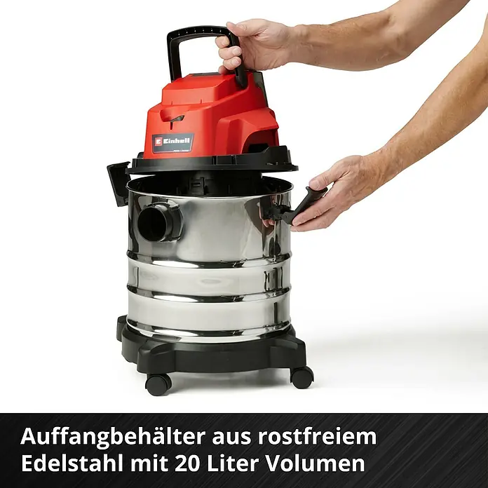Einhell Power X-Change 18V Akku-Nass-Trockensauger TC-VC 18/20 Li-Solo - 18 V, Ohne Akku, Behältervolumen: 20 l - Einhell Nass-Trockensauger mit robustem Edelstahlbehälter und 20 Liter Volumen für vielfältige Reinigungsaufgaben im Haus und der Werkstatt.