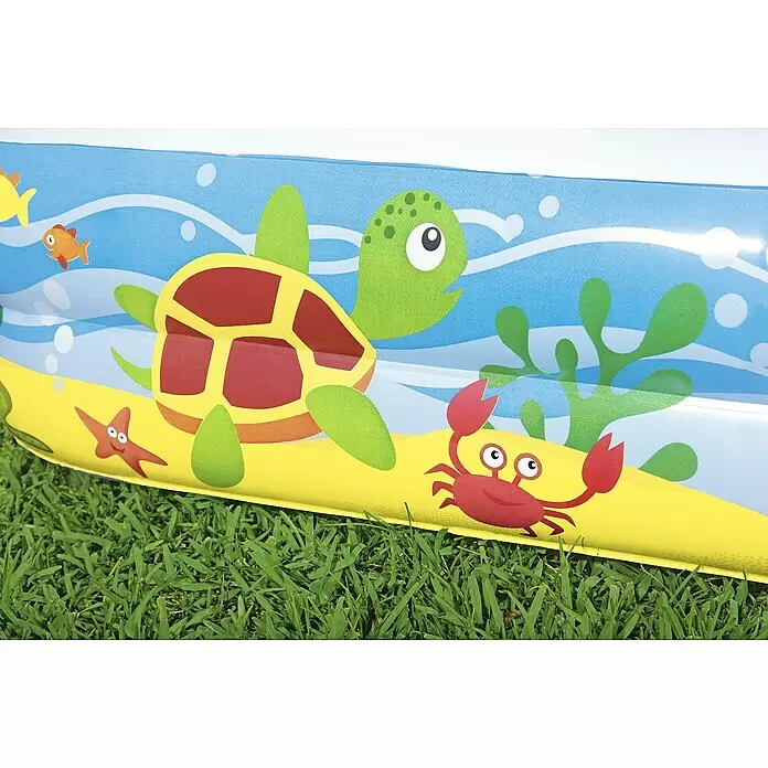Bestway Planschbecken Beach Buddy - 140 x 140 x 114 cm, Mehrfarbig - Farbenfroher aufblasbarer Spielpool mit Comic-Meerestieren wie Schildkröte, Krabbe und Fisch.