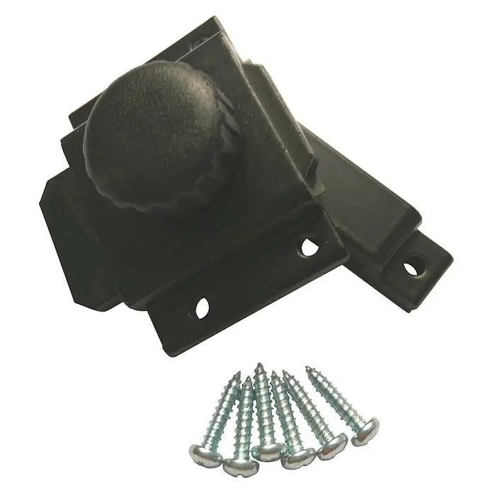 Pestillo deslizante - L x An x Al: 50 x 45 x 20 mm, Negro - Cierres de muebles negros con pomo y tornillos a juego, ideales para armarios y cajones.