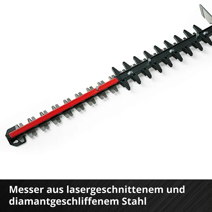 Einhell Power X-Change 18V Akku-Heckenschere GE-CH 36/65 Li-Solo - 36 V, Ohne Akku, Schnittlänge: 65 cm - Nahaufnahme der lasergeschnittenen und diamantgeschliffenen Stahlklinge einer Heckenschere.