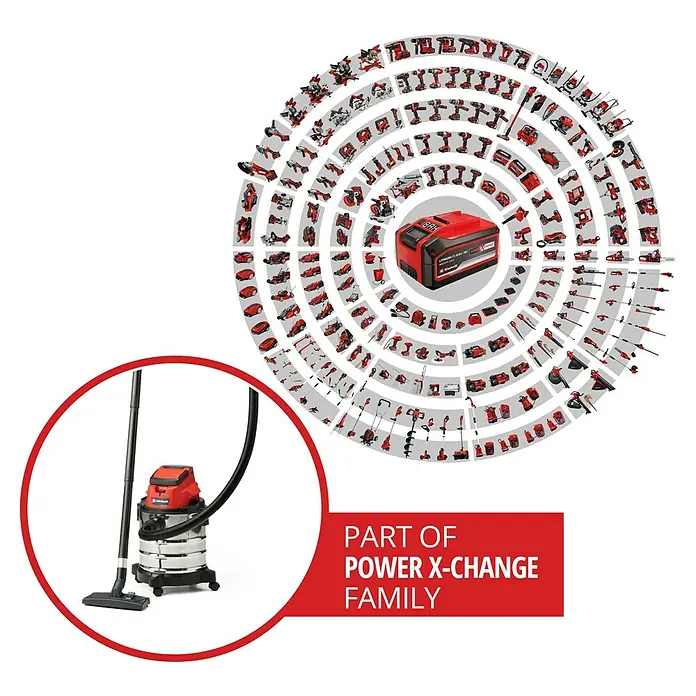 Einhell Power X-Change 18V Akku-Nass-Trockensauger TC-VC 18/20 Li-Solo - 18 V, Ohne Akku, Behältervolumen: 20 l - Abbildung eines Einhell Nass-Trockensaugers, Teil der Power X-Change Familie, mit einer Batterie in der Mitte vieler Produkte.