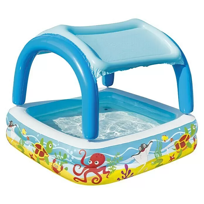 Bestway Planschbecken Beach Buddy - 140 x 140 x 114 cm, Mehrfarbig - Blau-weißer aufblasbarer Planschbecken mit bunten Meeresbewohner-Illustrationen und integriertem Sonnenschutz, gefüllt mit Wasser.