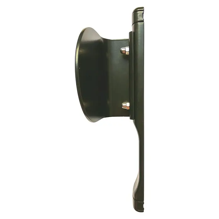 Cerradura para puertas y ventanas 82096 - Negro - Primer plano de un soporte de pared negro para un producto, ideal para un montaje seguro y la exhibición de mercancías.