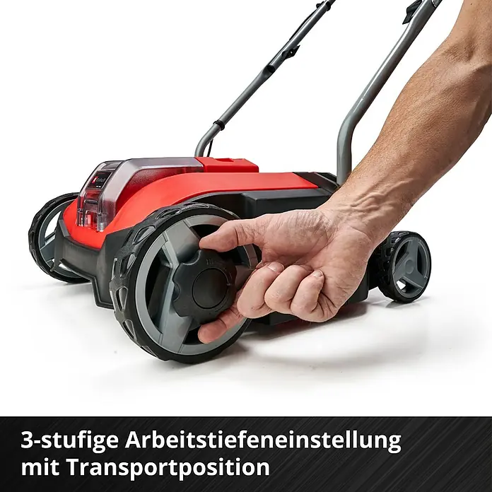 Einhell Power X-Change 18V Akku-Vertikutierer-Lüfter GC-SC 18/28 LI-SOLO - Anzahl Akkus: Ohne Akku, 18 V, Arbeitsbreite: 28 cm - Bild einer Rasenlüfter mit Tiefeneinstellung.
