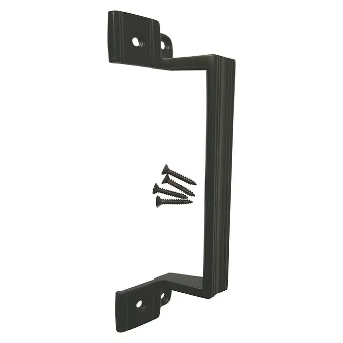 Manillón Asa - Distancia entre orificios: 128 mm, Negro - En la imagen se muestra un juego de manija de puerta con tres tornillos para el montaje. La manija es de metal negro.