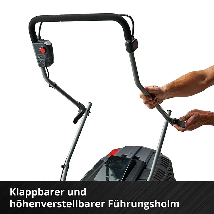 Einhell Power X-Change 18V Akku-Rasenmäher GE-CM 43 Li M Kit - 18 V, 2 Akkus, 4 Ah, Schnittbreite: 43 cm - Zusammenklappbarer und höhenverstellbarer Führungsholm.
