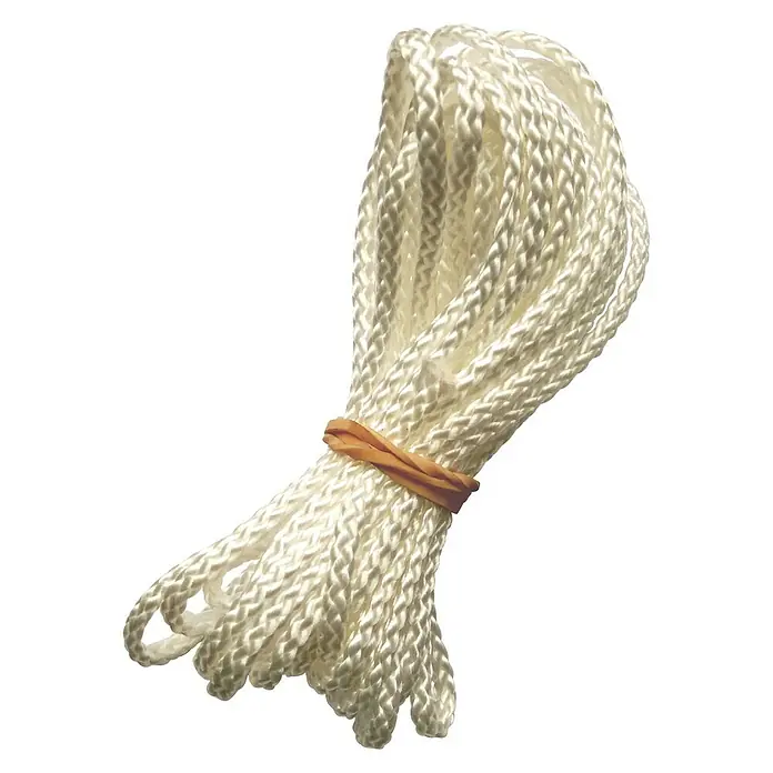 Cuerda de repuesto - Blanco - Un haz de cuerda trenzada blanca sujeto por una goma marrón. Ideal para manualidades, proyectos de bricolaje y reparaciones.