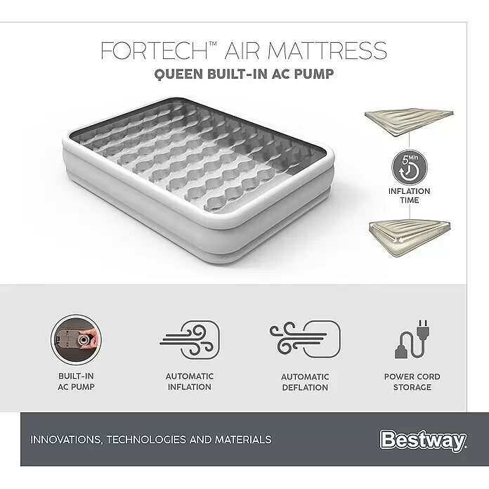 Bestway Luftbett Fortech - L x B x H: 203 x 152 x 46 cm, Integrierte Luftpumpe - Weißes Bestway Luftbett mit grauer, texturierter Oberfläche, integrierter Pumpe, automatischem Aufpumpen/Ablassen, 5-Minuten-Aufpumpzeit.