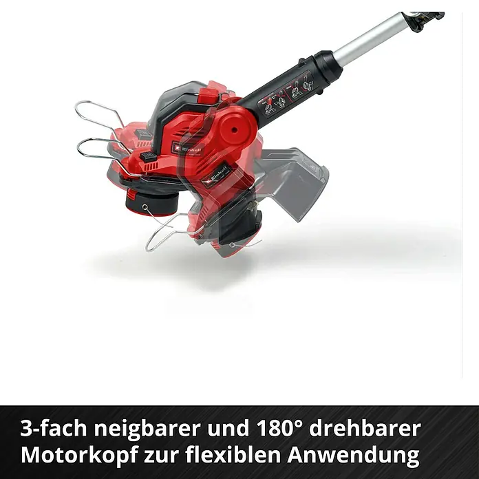 Einhell Power X-Change 18V Akku-Rasentrimmer GE-CT 18/28 Li-Solo - 18 V, 5.200 mAh, Ohne Akku, Schnittbreite Messer: 28 cm, Schnittbreite Faden: 28 cm - Bild eines Einhell Akku-Fugenreinigers mit dreifach neigbarem und 180° drehbarem Motorkopf.