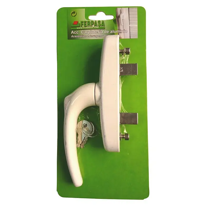 Manilla para ventana con llave - Largo: 170 mm, Blanco, Aluminio - Maneta de ventana de aluminio blanca de Ferpasa con llaves en embalaje verde, accesorios de carpintería de aluminio.