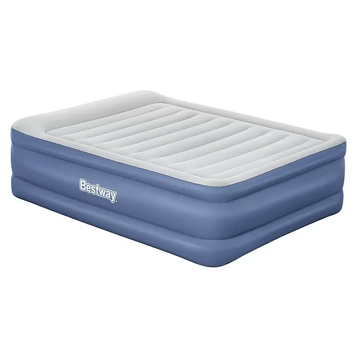 Bestway Luftbett Vento - L x B x H: 203 x 152 x 61 cm, Integrierte Luftpumpe - Blau-weißes Bestway aufblasbares Luftbett mit gerippter Liegefläche.