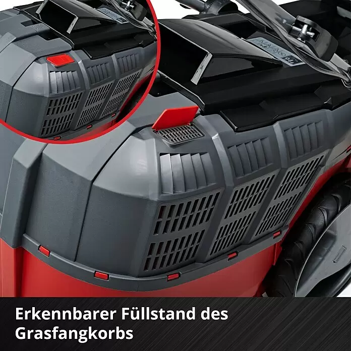 Einhell PXC 18V Cortacésped de batería GE-CM 43 Li M Kit - 18 V, 2 baterías, 4 Ah, Ancho de corte: 43 cm - Cesto recogedor de césped de plástico gris y rojo con una solapa roja abierta que indica el nivel de llenado.