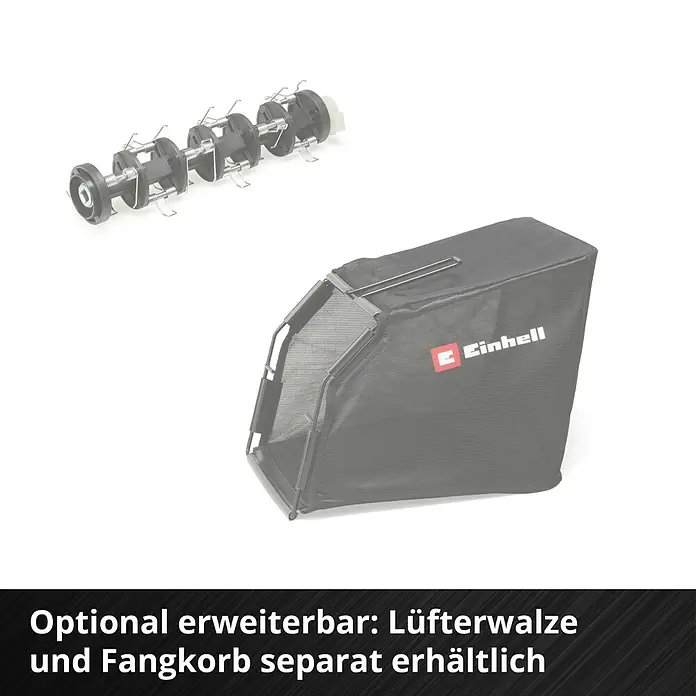 Einhell Power X-Change 18V Akku-Vertikutierer-Lüfter GC-SC 18/28 LI-SOLO - Anzahl Akkus: Ohne Akku, 18 V, Arbeitsbreite: 28 cm - Abgebildet sind eine Lüfterwalze und ein Fangkorb für Gartengeräte von Einhell, die optional erworben werden können.