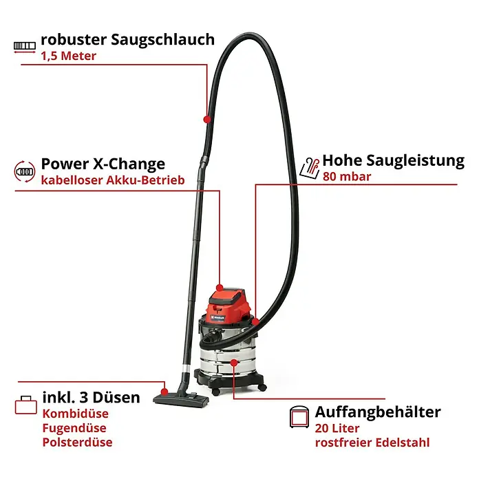 Einhell Power X-Change 18V Akku-Nass-Trockensauger TC-VC 18/20 Li-Solo - 18 V, Ohne Akku, Behältervolumen: 20 l - Bild eines Einhell Akku-Nass-Trockensaugers mit robustem Saugschlauch, 20 Liter Auffangbehälter und Zubehör.
