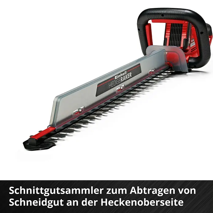 Einhell Power X-Change 18V Akku-Heckenschere Arcurra 18/55 - 18 V, Li-Ionen, Ohne Akku, Schnittlänge: 55 cm - Abbildung der Einhell Heckenschere HedgeRaker, ein Gartengerät zum Schneiden und Trimmen von Hecken mit einem Schnittgutsammler.