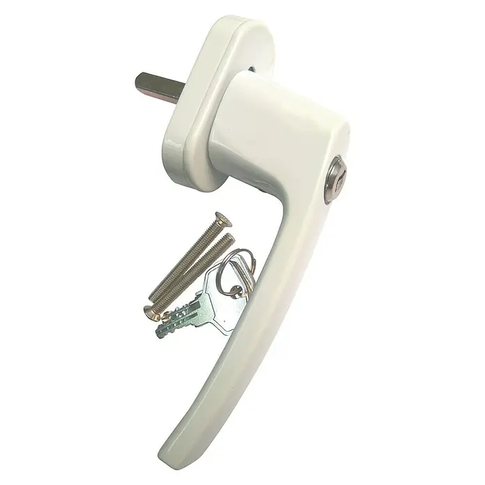 Manilla para ventana - Largo: 155 mm, Blanco - Manilla de ventana con llave y tornillos. La manilla es blanca y tiene un diseño moderno para ventanas.