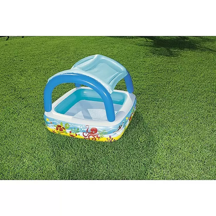 Bestway Planschbecken Beach Buddy - 140 x 140 x 114 cm, Mehrfarbig - Blau-weißer aufblasbarer Baby-Pool mit Meeresmotiven und Sonnendach.