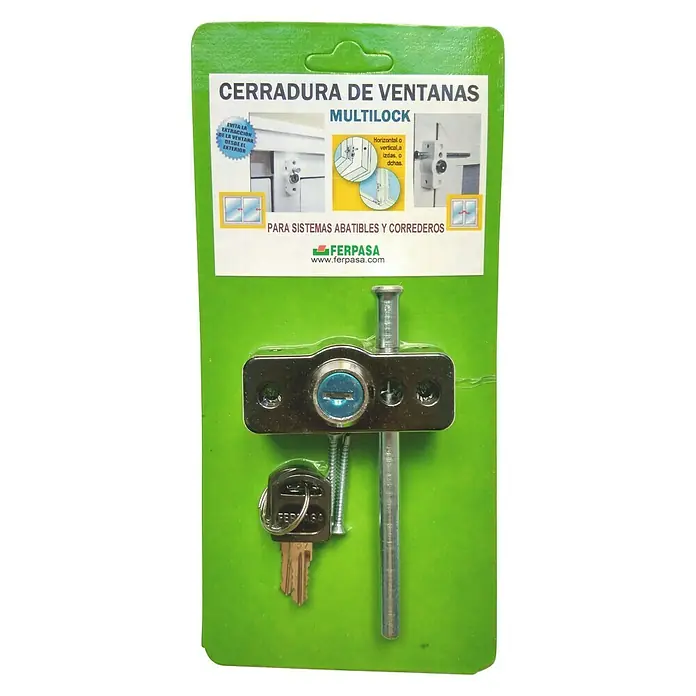 Cierre de seguridad para ventanas Multilock - Negro - Cerradura de ventana "Multilock" en envase verde, con llave y accesorios de montaje, ideal para la seguridad de sus ventanas.