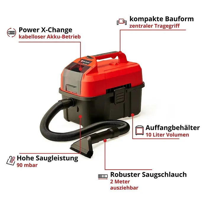 Einhell Power X-Change 18V Akku-Nass-Trockensauger TE-VC 18/10 Li-Solo - 18 V, Ohne Akku, Behältervolumen: 10 l - Abbildung eines roten und schwarzen Einhell Akku-Nass-Trockensaugers mit Power X-Change, 10 Liter Auffangbehälter und 2 Meter Saugschlauch.