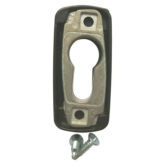 Escudo para cerraduras Europerfil - Negro - Imagen de una cerradura de puerta con ojo de cerradura y tornillos. La cerradura tiene un accesorio de metal plateado engastado en un marco negro.