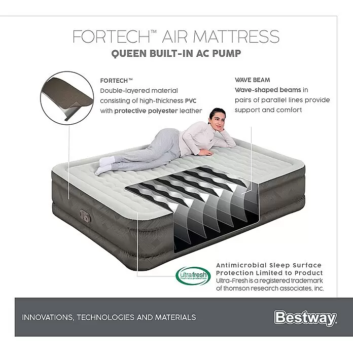 Bestway Luftbett Fortech - L x B x H: 203 x 152 x 46 cm, Integrierte Luftpumpe - Grau-weißes Queen-Luftbett mit integrierter AC-Pumpe. Mit doppellagigem Fortech-Material, Wellenstrahlen für Halt und einer antimikrobiellen Schlafunterlage.
