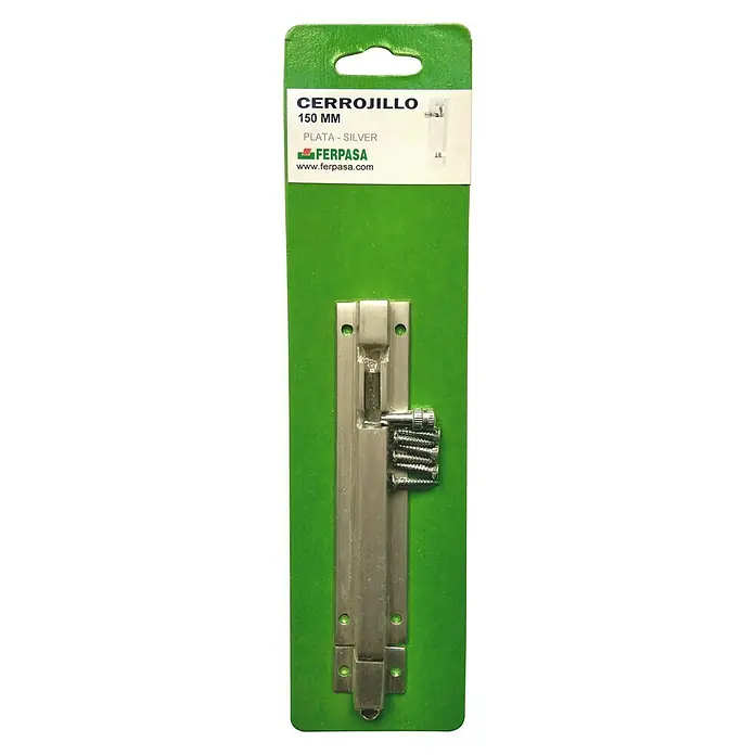 Cerradura adicional para ventanas - Largo: 150 mm, Aluminio, Plateado - Un cerrojo de plata FERPASA (150 mm) con tornillos, empaquetado en un cartón verde, garantizando el bloqueo seguro de la puerta.