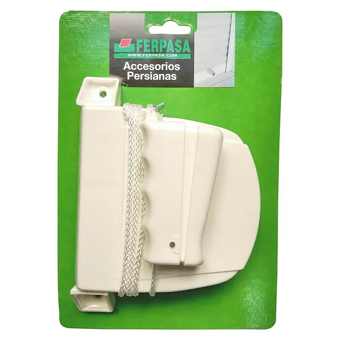 Recogedor de cinta de persiana con empuñadura y cordón - Apto para: Persiana - Imagen de un accesorio para persianas FERPASA, que comprende una carcasa blanca, cordón y manija, empaquetado en una tarjeta verde.