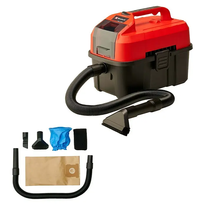 Einhell Power X-Change 18V Akku-Nass-Trockensauger TE-VC 18/10 Li-Solo - 18 V, Ohne Akku, Behältervolumen: 10 l - Ein Einhell Nass-Trockensauger präsentiert, mit Zubehör. Der Sauger ist rot und schwarz, mit diversen Düsen und Filtern für unterschiedliche Reinigungsaufgaben.
