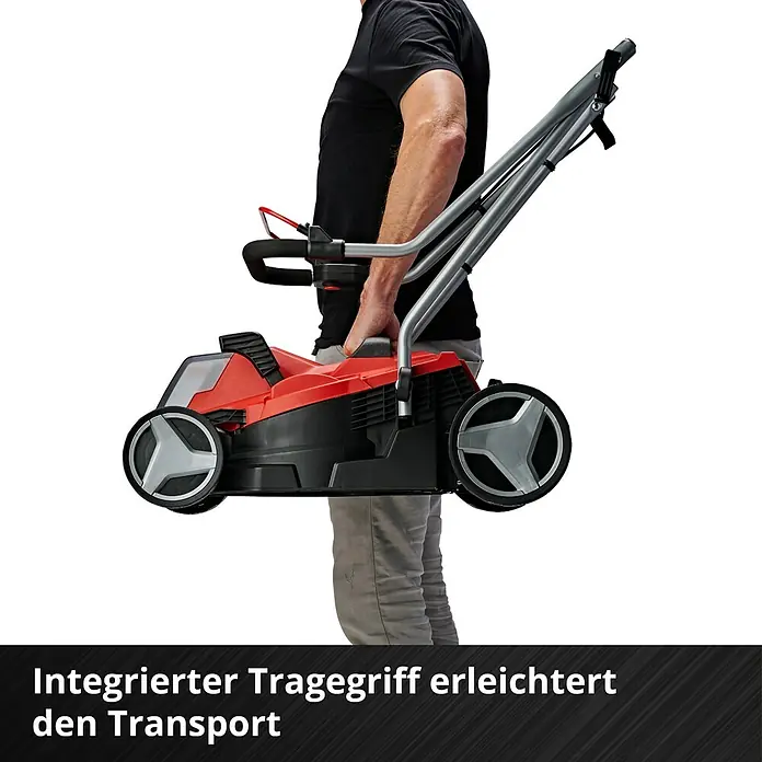 Einhell Power X-Change 18V Akku-Rasenmäher GE-CM 18/33 Li - 18 V, 1 Akku, 4 Ah, Schnittbreite: 33 cm - Der integrierte Tragegriff des Rasenmähers erleichtert den Transport.