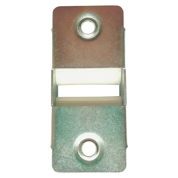 Polea para persiana - Anchura de la correa: 30 mm - Primer plano de un pestillo de rodillo metálico con rodillo de plástico blanco, diseñado para asegurar puertas o ventanas proporcionando un cierre fiable.