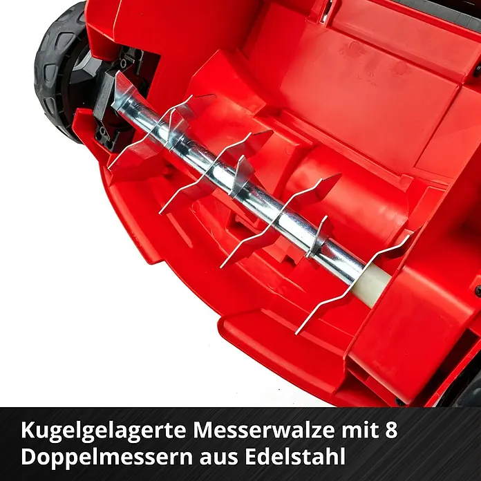 Einhell Power X-Change 18V Akku-Vertikutierer GC-SC 36/31 LI-SOLO EINHELL - Anzahl Akkus: Ohne Akku, 18 V, Arbeitsbreite: 31 cm - Detailaufnahme eines Rasenlüfters mit kugelgelagerter Messerwalze und 8 Doppelmesser aus Edelstahl.