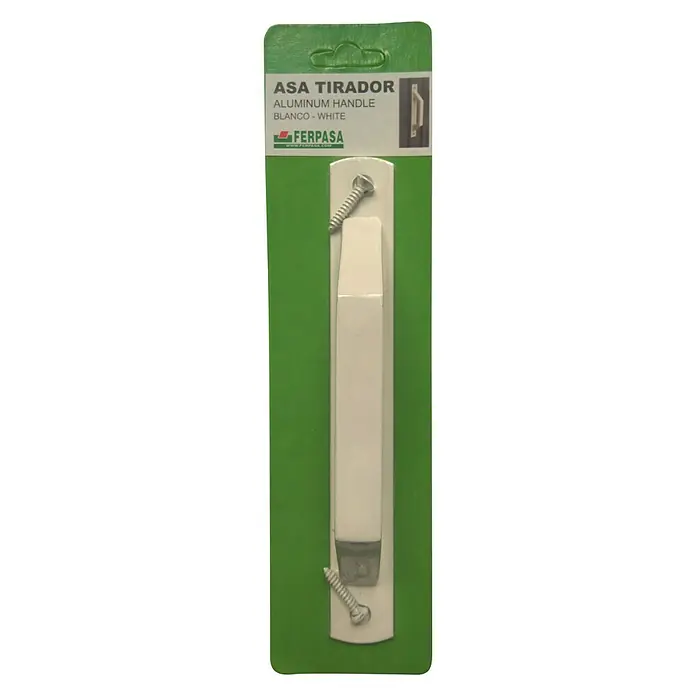 Cerradura para puertas y ventanas con base - Blanco - Manilla de puerta de aluminio blanca "ASA TIRADOR" de FERPASA empaquetada con tornillos, ideal para puertas modernas.