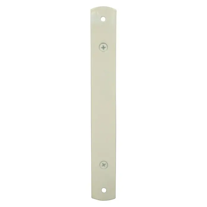 Cerradura para puertas y ventanas con base - Blanco - Primer plano de un soporte de montaje blanco y alargado con dos tornillos y un orificio en cada extremo para una fijación segura.