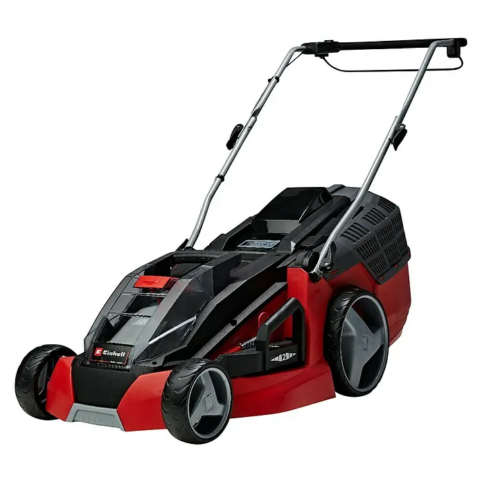 Einhell PXC 18V Cortacésped de batería GE-CM 43 Li M Kit - 18 V, 2 baterías, 4 Ah, Ancho de corte: 43 cm - Imagen de un cortacésped inalámbrico Einhell rojo y negro. El cortacésped tiene un mango ajustable y ruedas grandes.