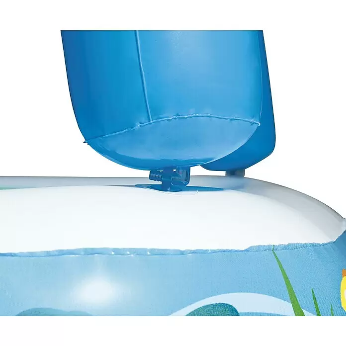 Bestway Planschbecken Beach Buddy - 140 x 140 x 114 cm, Mehrfarbig - Blaues aufblasbares Element, befestigt an einem weißen aufblasbaren Poolrand mit gemustertem Aufdruck.