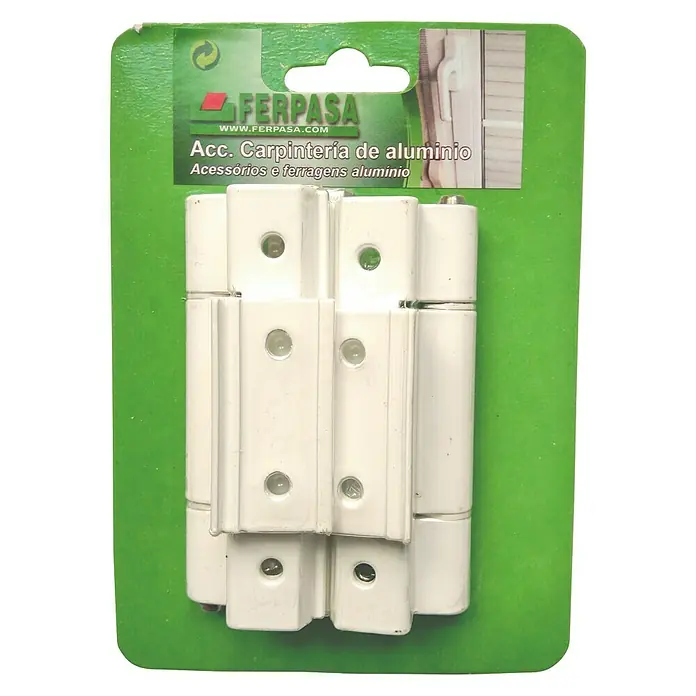 Bisagra reforzada - Largo: 100 mm, Blanco, 2 ud. - Paquete de bisagras de puerta de aluminio blanco Ferpasa, accesorios para carpintería de aluminio, con orificios de montaje.