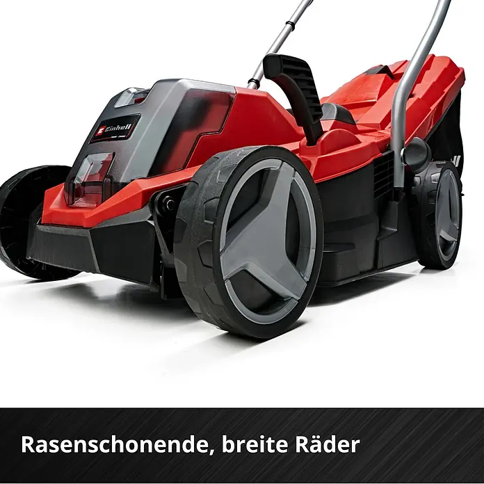 Einhell Power X-Change 18V Akku-Rasenmäher GE-CM 18/33 Li - 18 V, 1 Akku, 4 Ah, Schnittbreite: 33 cm - Der Einhell Akku-Rasenmäher mit rasenschonenden, breiten Rädern für ein optimales Schnittergebnis und komfortables Mähen.