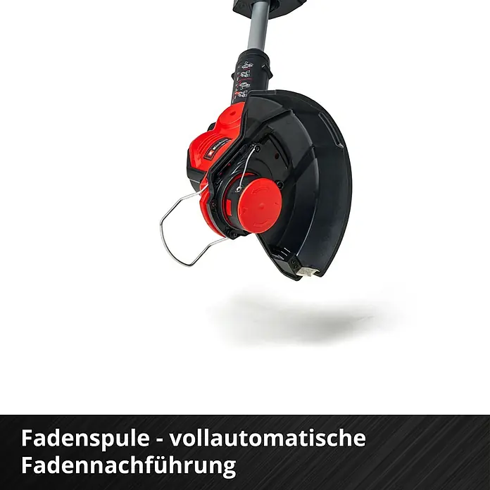 Einhell PXC 18V Akku-Rasentrimmer GE-CT 18/28 Li-Solo - 18 V, 5.200 mAh, Ohne Akku, Schnittbreite Messer: 28 cm, Schnittbreite Faden: 28 cm - Abbildung eines Rasentrimmers mit automatischer Fadennachführung für präzise Kantenschnitte im Garten.