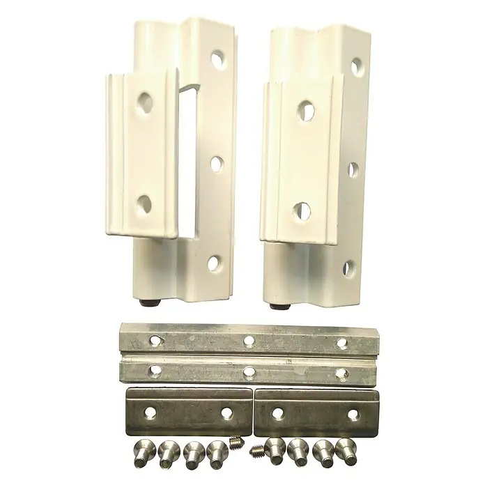 Bisagra reforzada - Largo: 100 mm, Blanco, 2 ud. - Imagen del producto de herrajes para ventanas, que consta de bisagras, placas de montaje y tornillos para la instalación de ventanas.