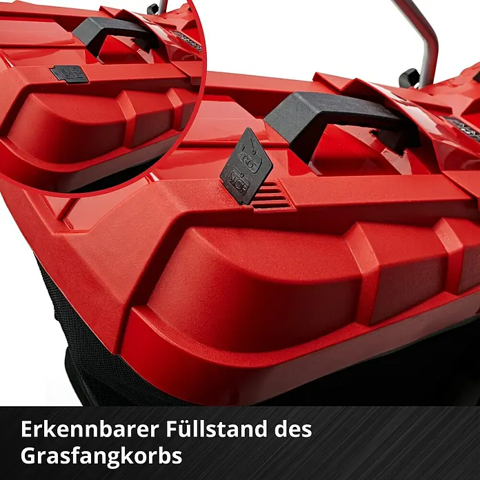 Einhell Power X-Change 18V Akku-Rasenmäher GE-CM 18/33 Li - 18 V, 1 Akku, 4 Ah, Schnittbreite: 33 cm - Erkennbarer Füllstand des Grasfangkorbs. Der rote Grasfangkorb mit schwarzem Griff ist gut sichtbar.