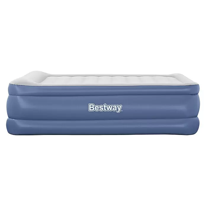 Bestway Luftbett Vento - L x B x H: 203 x 152 x 61 cm, Integrierte Luftpumpe - Blau-weißes Bestway aufblasbares Luftbett mit erhöhtem Design für bequemen Schlaf.