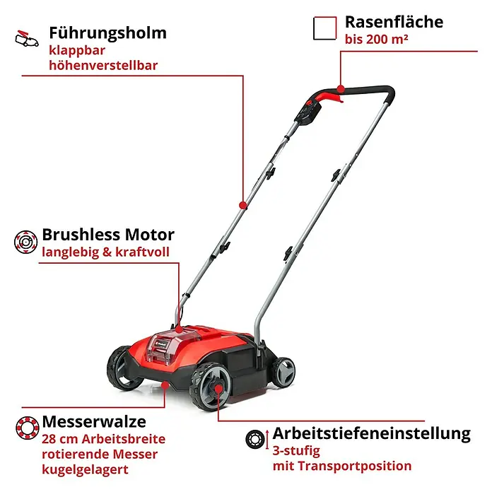 Einhell Power X-Change 18V Akku-Vertikutierer-Lüfter GC-SC 18/28 LI-SOLO - Anzahl Akkus: Ohne Akku, 18 V, Arbeitsbreite: 28 cm - Abbildung eines roten Rasenlüfters mit einem klappbaren und höhenverstellbaren Führungsholm, einem Brushless Motor und einer Messerwalze.