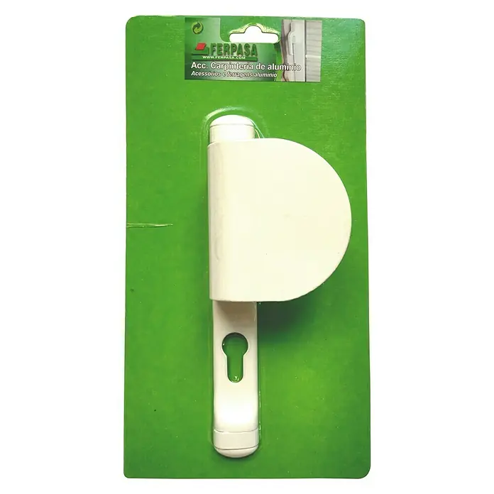 Cerradura para puertas y ventanas - Blanco - Maneta blanca para ventana en embalaje verde. Accesorio práctico para ventanas de aluminio, ideal para reparaciones.