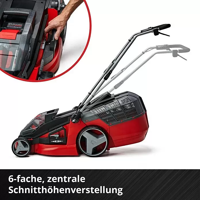 Einhell PXC 18V Cortacésped de batería GE-CM 43 Li M Kit - 18 V, 2 baterías, 4 Ah, Ancho de corte: 43 cm - Cortacésped a batería rojo y negro con una mano ajustando la altura de corte central de 6 niveles y mango ajustable.